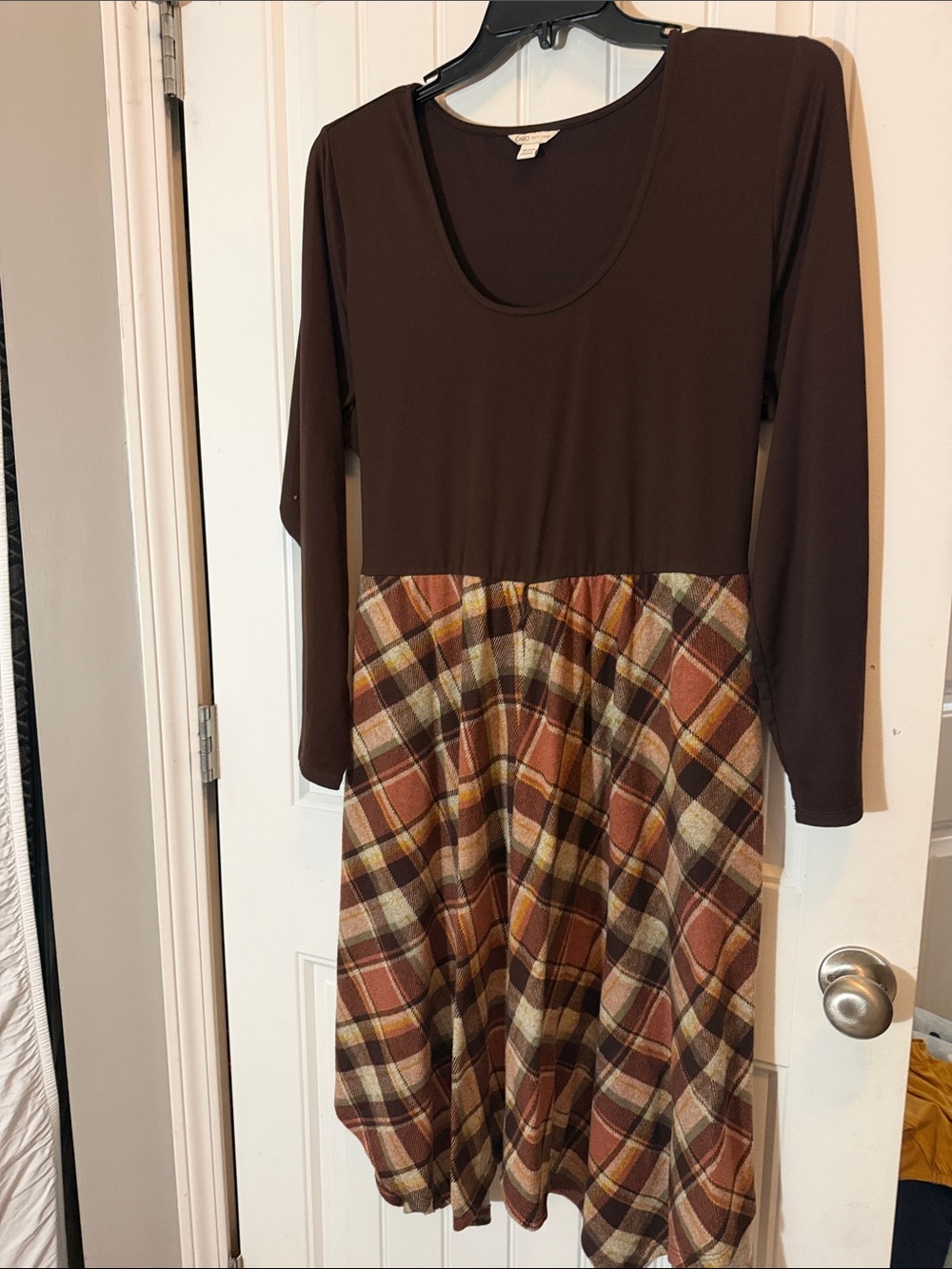 Cato Brown Scoop-Neck Long Sleeve Plaid Dress
